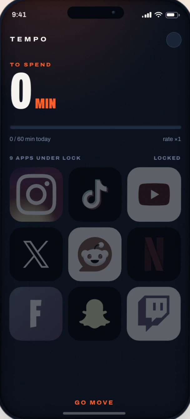 Tempo's main screen: the balance of screen minutes left to spend, today's progress and the blocked apps.