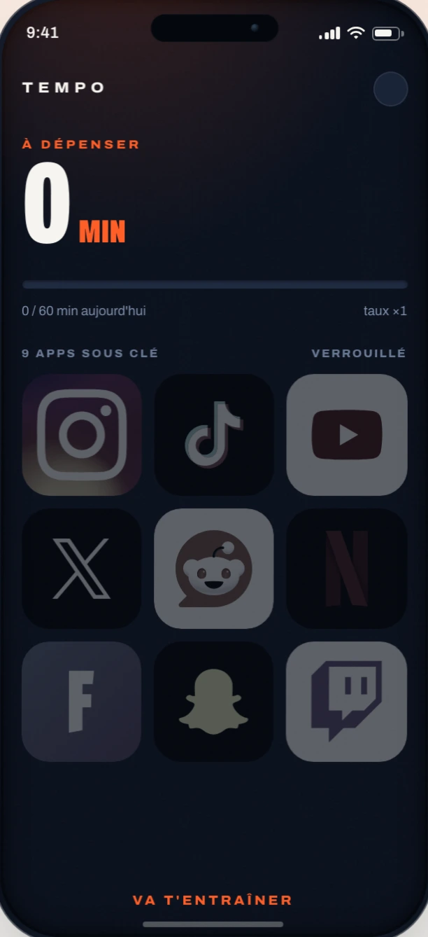 L'écran principal de Tempo : le solde de minutes d'écran à dépenser, la progression du jour et les apps bloquées.