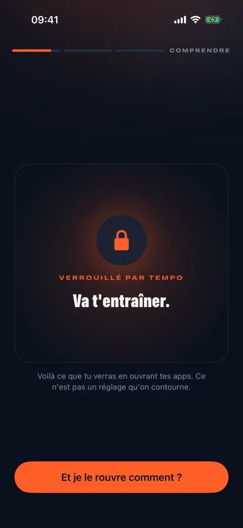 Écran de blocage de Tempo affichant « Va t'entraîner »